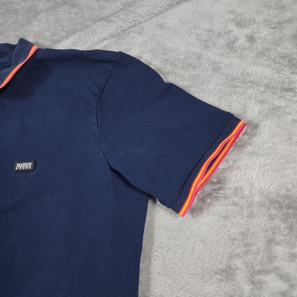 Scotch & Soda Polo Shirt Mens Large Navy Tipped Collar Cuffs Stretch Logo Patch - Picture 4 of 13